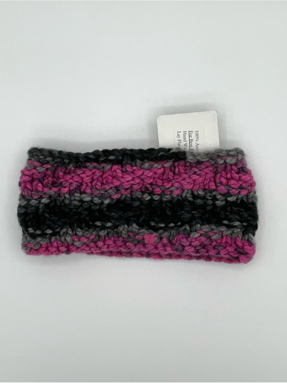 HANDMADE - Knit Ear Warmer Headband - Pink & Gray & Black Stripes  - NEW